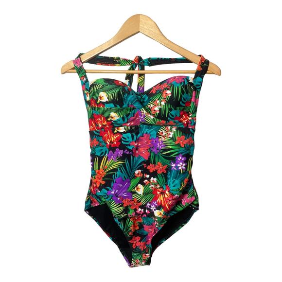 Catalina Floral Tropical One Piece Swimsuit Black Colorful XL Halter Tie Top - Picture 1 of 4